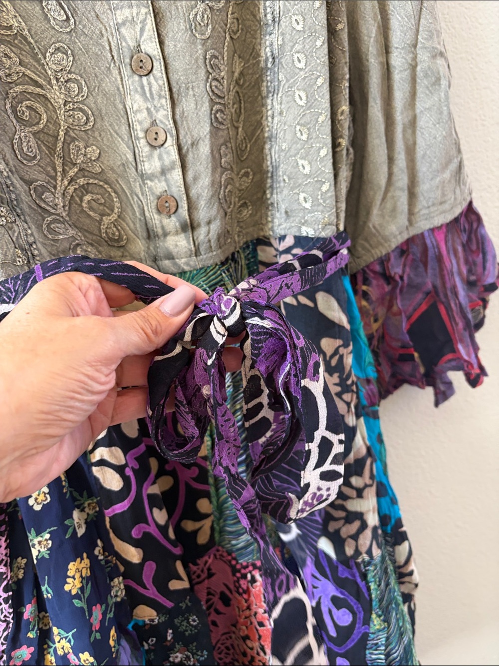 Boho Patchwork Long Sleeve Dress in Olive & Purple - Picture 6 of 11